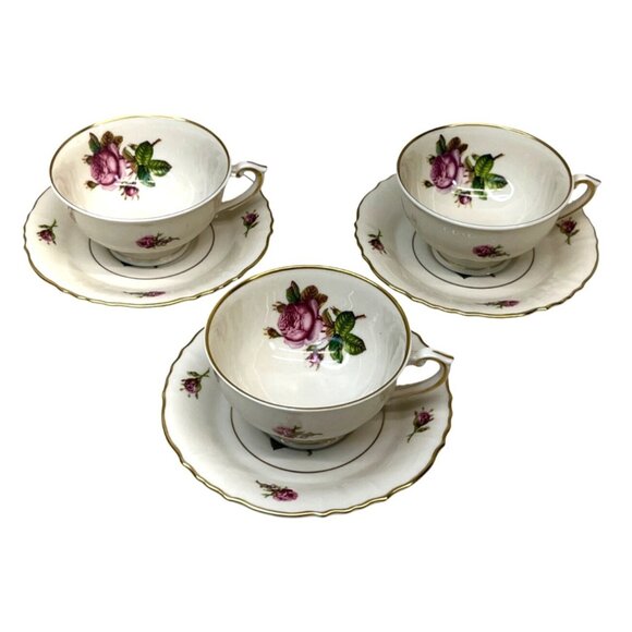 3 Syracuse China Federal Shape Victoria Rose Cup & Saucer Sets - Picture 2 of 11